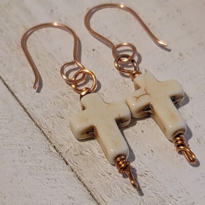 Handmade Dangle Cross Earrings, Reconstituted Howlite, Copper wire - image3